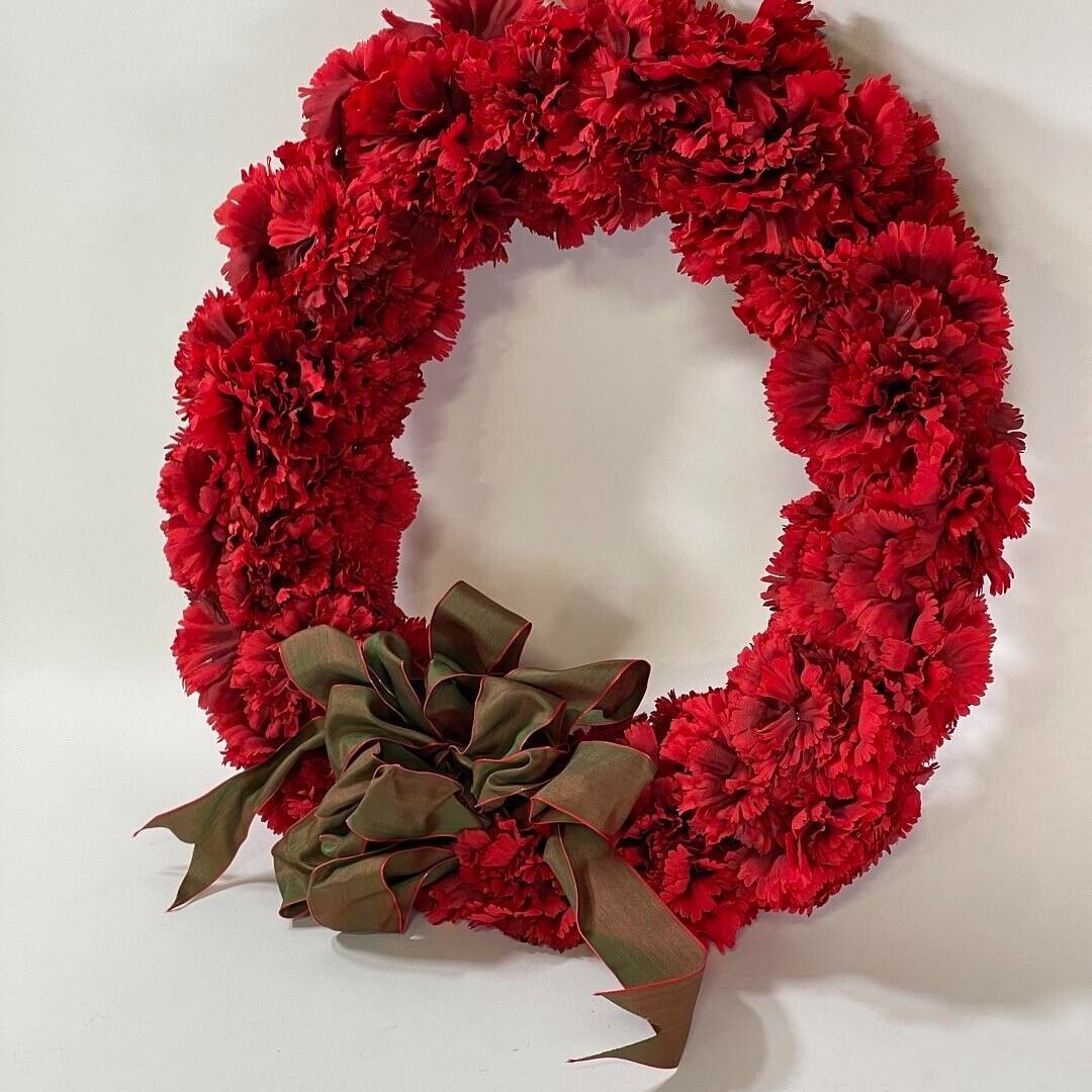 16” Red Wreath with Red Faux Flower with Green Bow