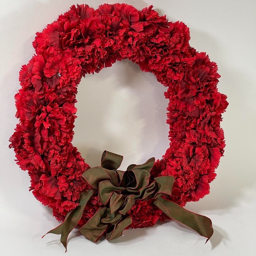 16” Red Wreath with Red Faux Flower with Green Bow