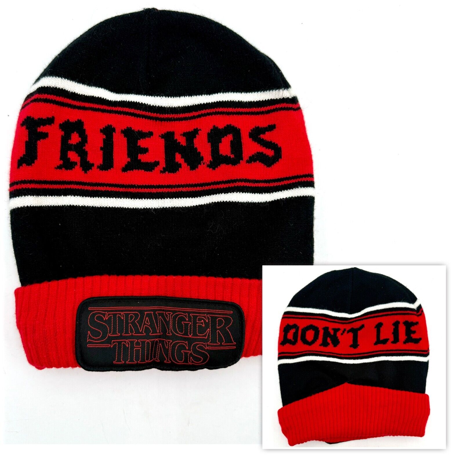 Stranger Things "Friends Don’t Lie" Black Red Stripe Beanie Winter OS