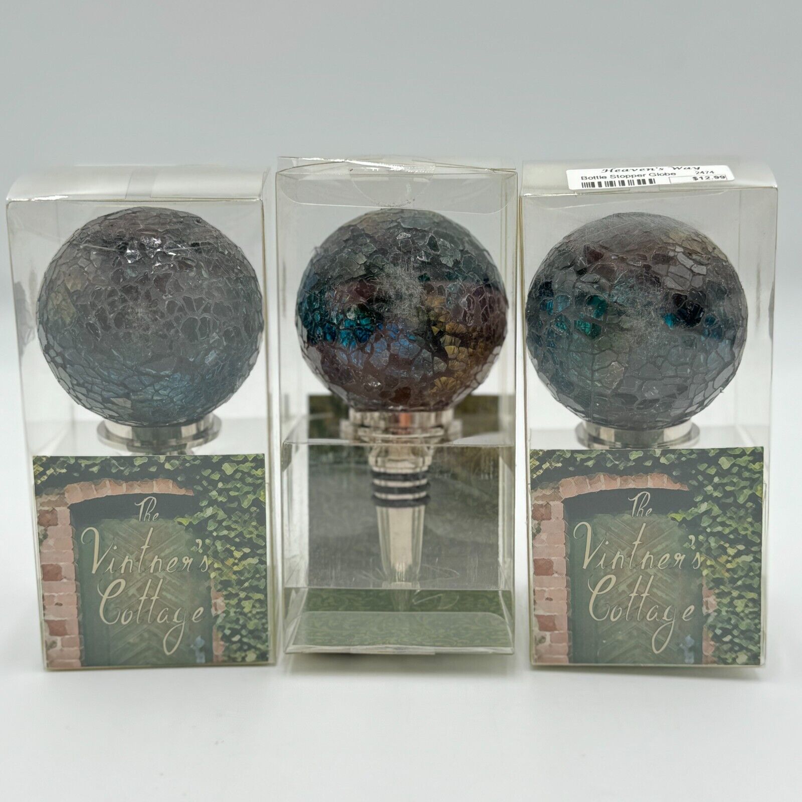 Heavens Way 3 Pack Stained Glass Globe Shaped Wine Bottle Stopper Washable NEW