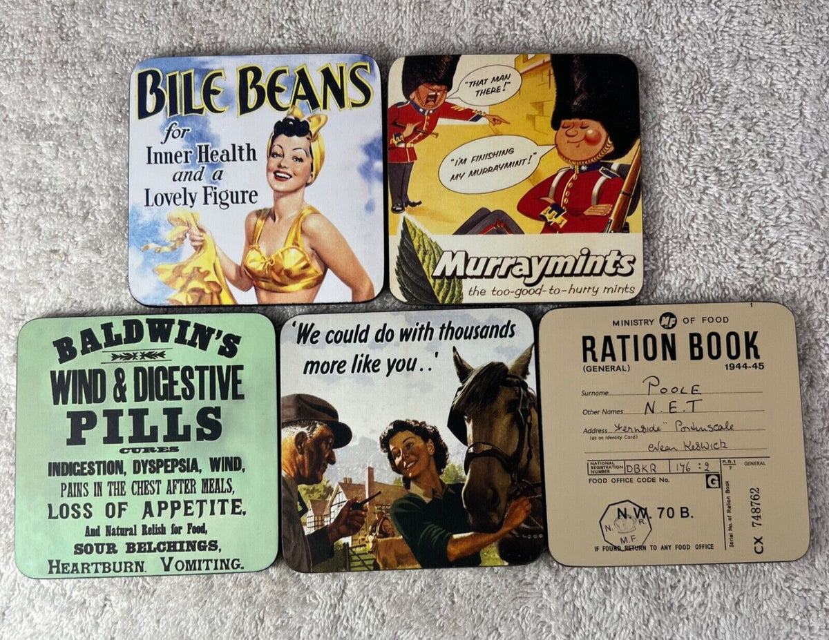 Robert Opie Vintage Style Set of 5 Cork Coasters Home Decor Washable Stackable