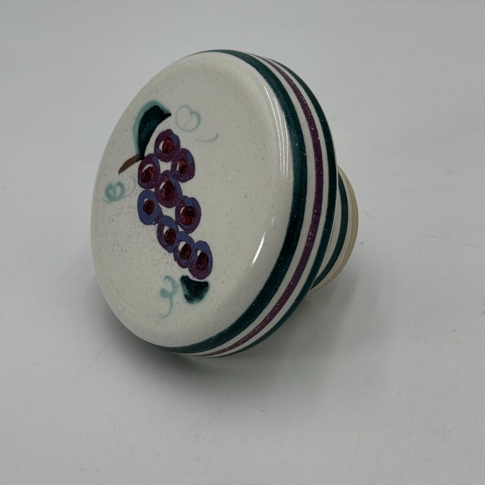 Unique Ceramic Jar With Butter Bell Lid Painted Green Stripes & Red Grapes RARE