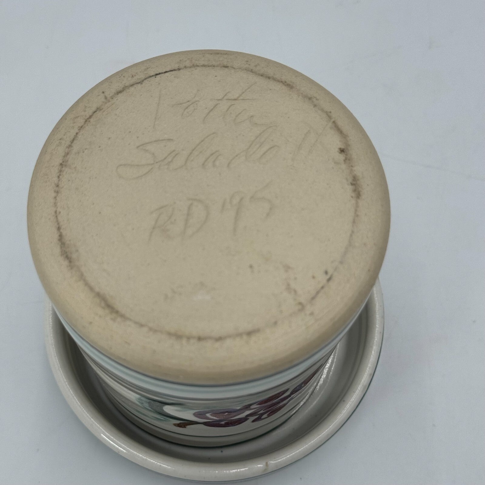 Unique Ceramic Jar With Butter Bell Lid Painted Green Stripes & Red Grapes RARE