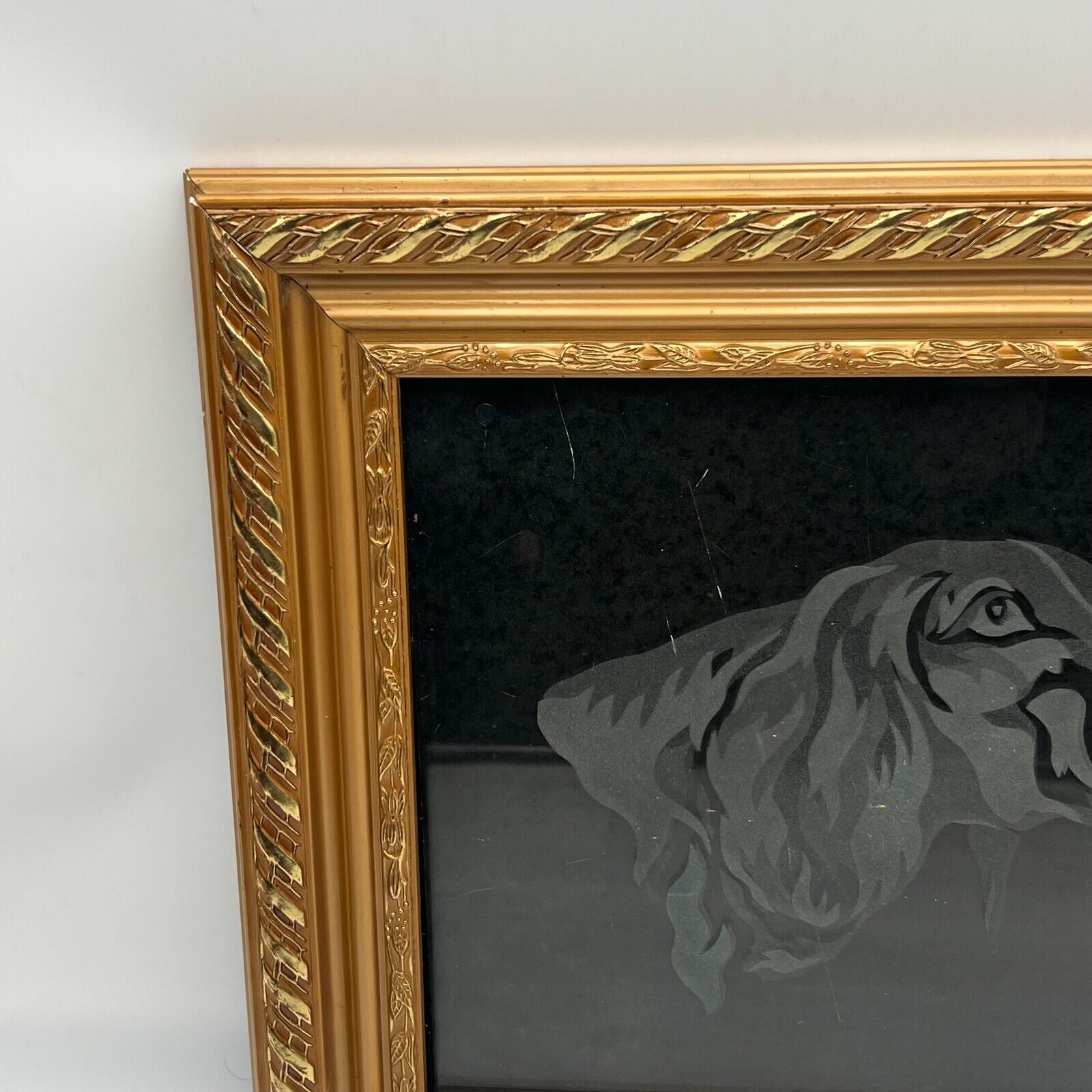 Elegant Wood Framed White Dog Etching on Black Matte 11x14 Art With Glass Cover