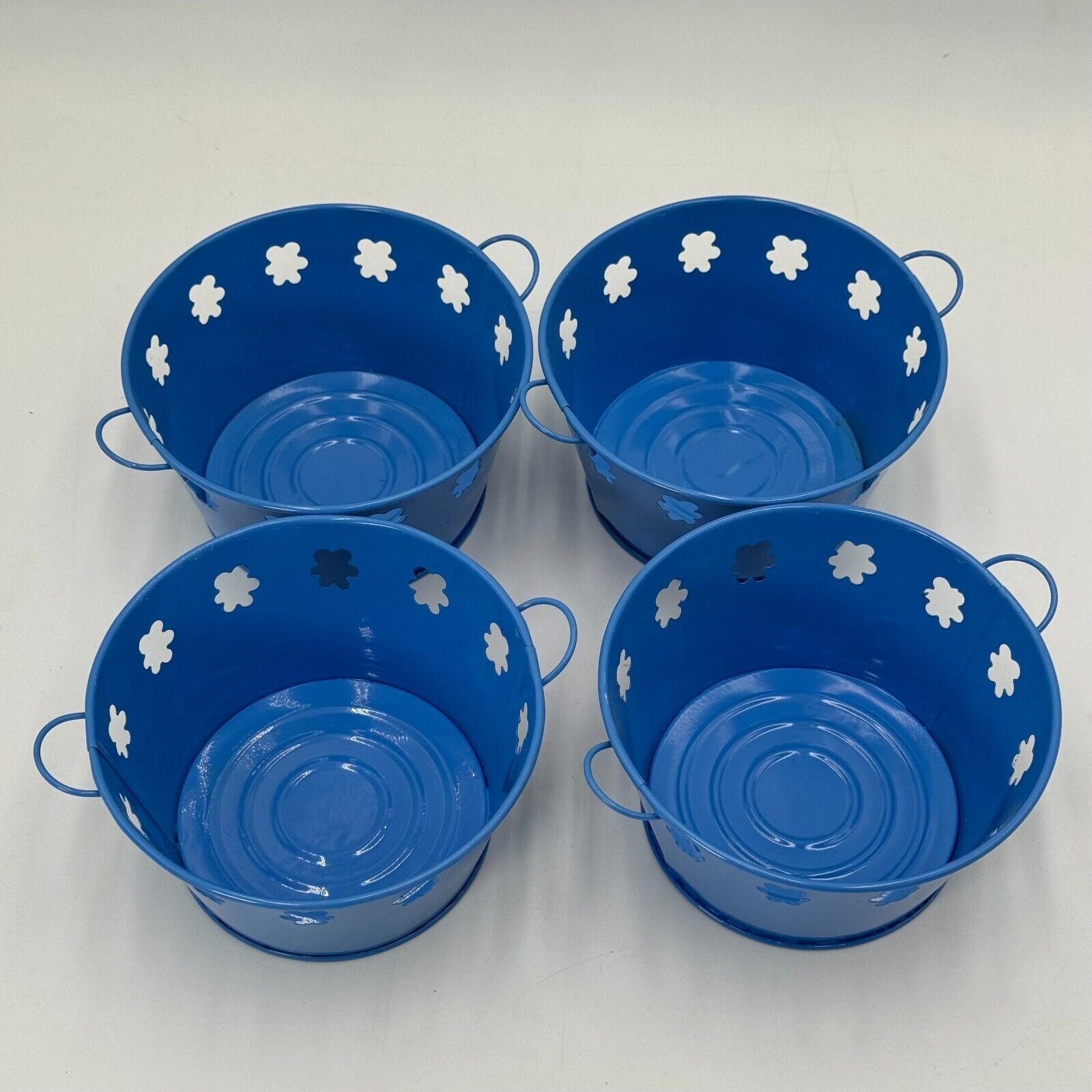 Set of 4 Matching Flower Pattern Pit Tin Blue Mini Bucket with Handles