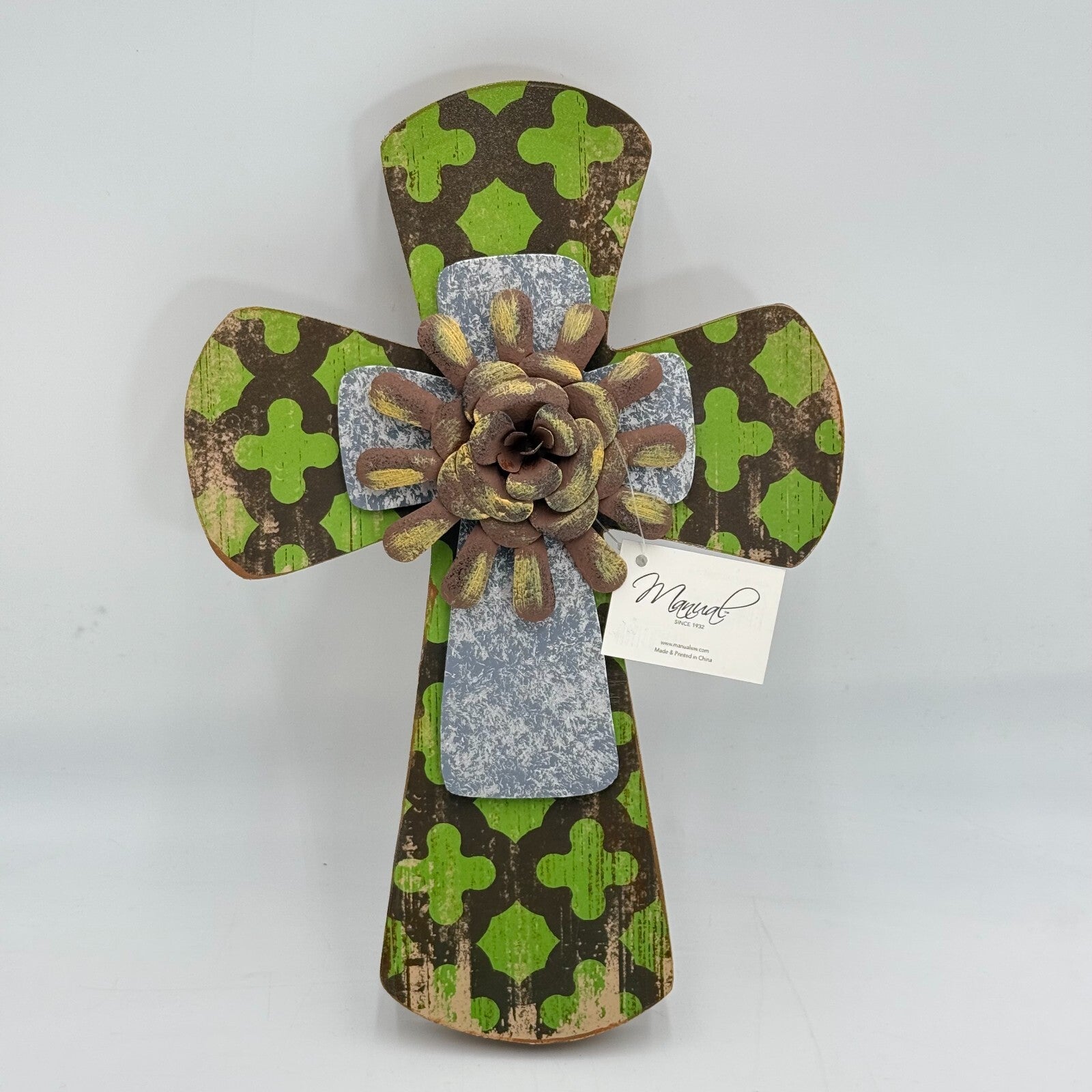 Rustic Wooden Hanging Wall Mount 11.5in  Brown & Olive Green Pattern Cross NWT