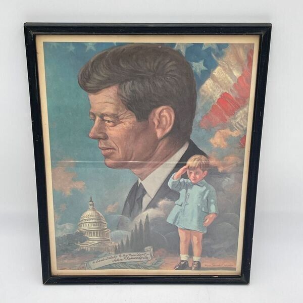 1964 JFK Original Lithograph Color Print Arthur Freeman in Gold MCM Frame 18x22