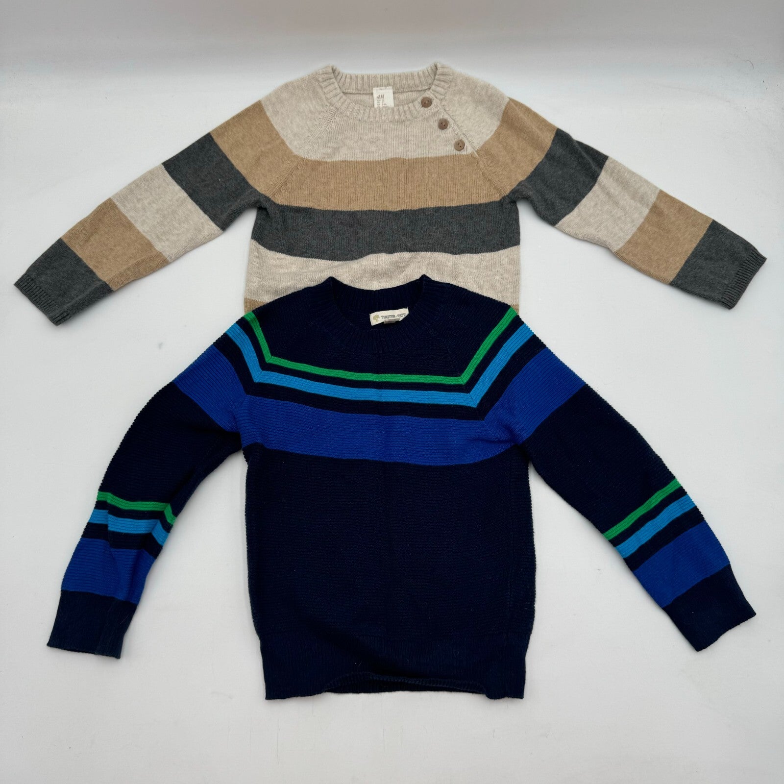 2 Long Sleeve Sweaters H&M Brown Tan Stripes Tucker Blue Green Toddler Size 3T