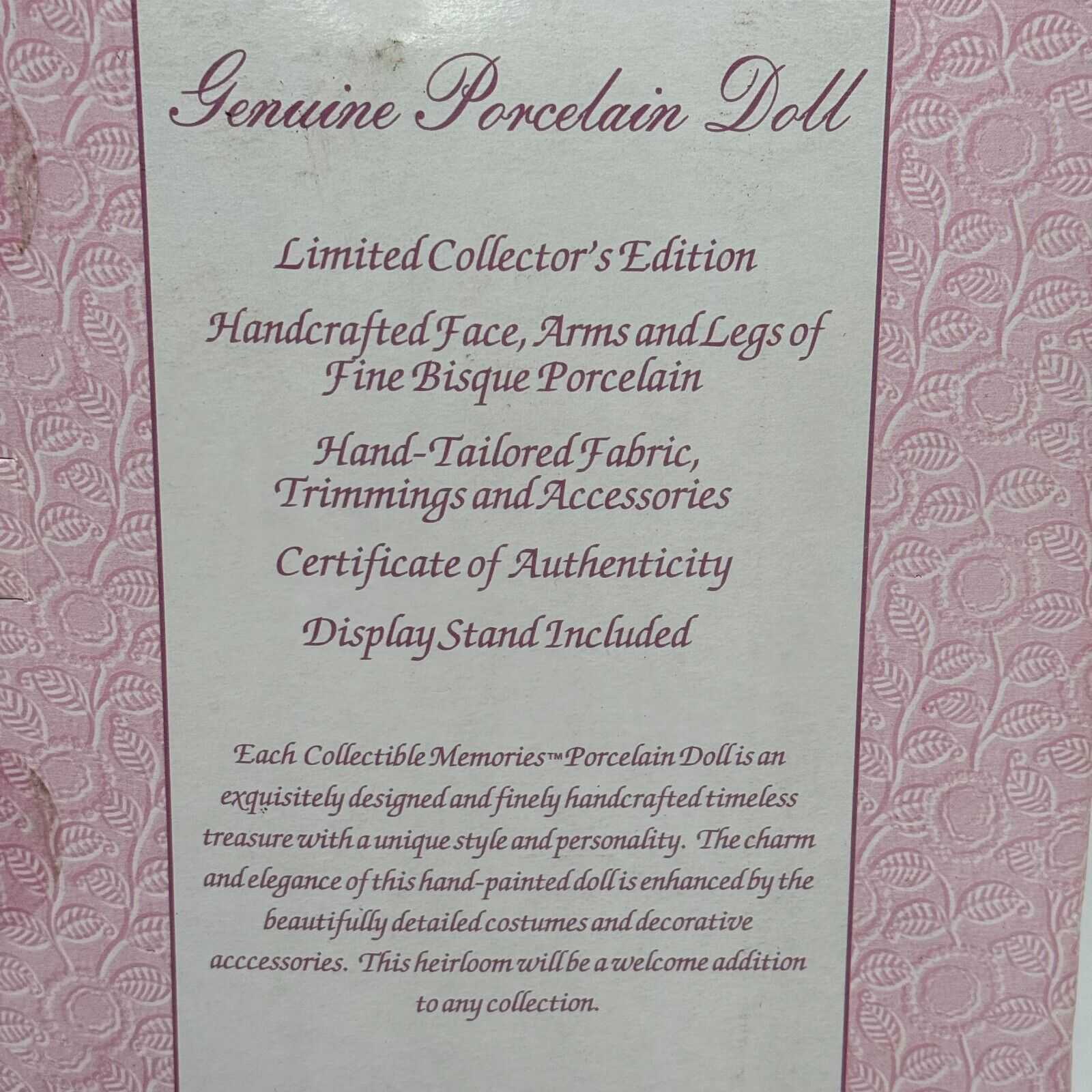 Elizabeth Handcrafted Porcelain Doll Collectible Memories New In Box Unopened